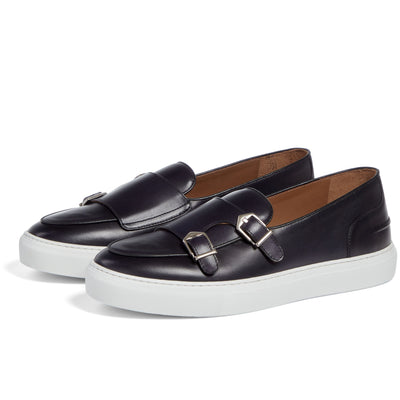 Men’s double monk strap slip-on sneaker in black leather