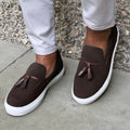 Men’s tassel slip-on sneaker in brown suede
