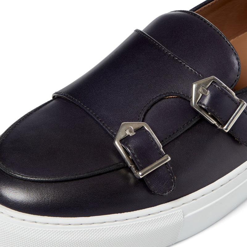 HANDMADE DOUBLE MONK STRAP SLIP ON SHOE IN BLACK MOLONT