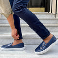 Men’s double monk strap slip-on sneaker in azure blue leather