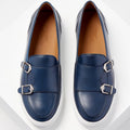 Men’s double monk strap slip-on sneaker in azure blue leather