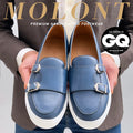 Men’s double monk strap slip-on sneaker in azure blue leather