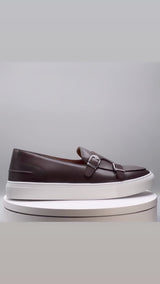 DOUBLE MONK STRAP SLIP ON SNEAKER IN BROWN